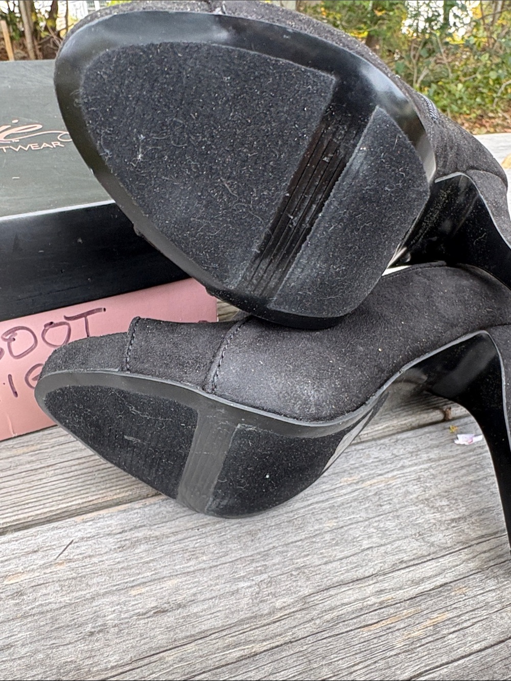 Fergie Tragic Black Suede Peep-Toe Ankle Booties with Side Zip - Picture 7 of 9